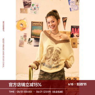 BeerBro 『多元运动美学』疏松织法美式辣妹学院毛织印花毛衣罩衫
