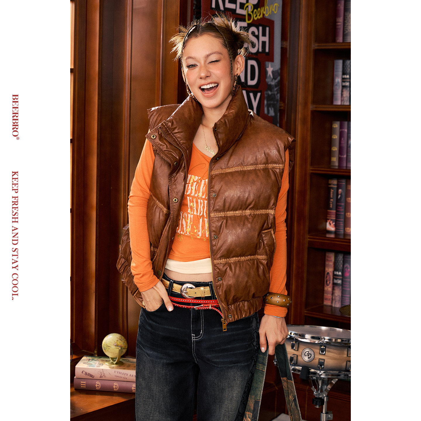 BeerBro『摇滚书吧』易清洁易打理美式PU擦色羽绒服马甲外套秋冬