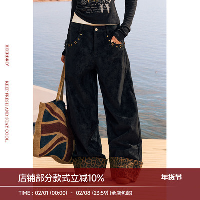 BeerBro『风帆运动社』成衣洗褪街头PU拼豹纹宽松显瘦休闲长裤女