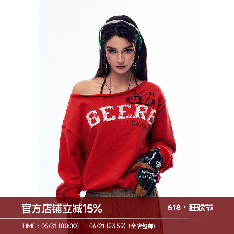 BeerBro『brat girl』全棉 运动街头可一字肩斜肩套头卫衣女