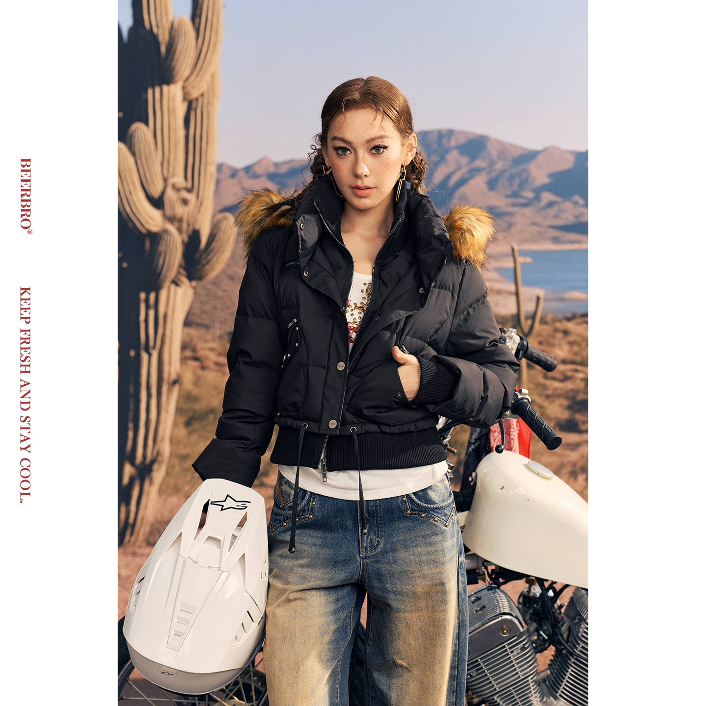 BeerBro『公路音速 』90白鸭绒假两件可拆卸短款连帽羽绒服外套