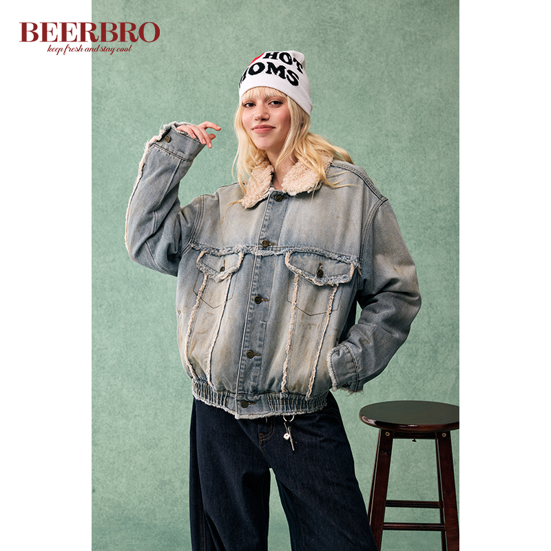 BeerBro 美式复古宽松做脏毛领短款牛仔外套女秋冬加厚做旧棉服