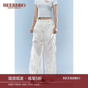 BeerBro 美式工装裤女夏季阔腿裤女抽褶宽松雅痞裤拖地运动长裤子