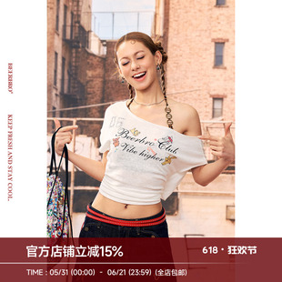 BeerBro『酷辣乐园』轻薄透气斜肩短款亚麻雪花棉镂空系带短袖T恤