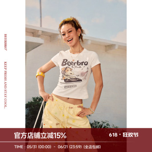 BeerBro『出逃西海岸』修身辣妹显高显瘦音乐小狗印花正肩短袖T恤