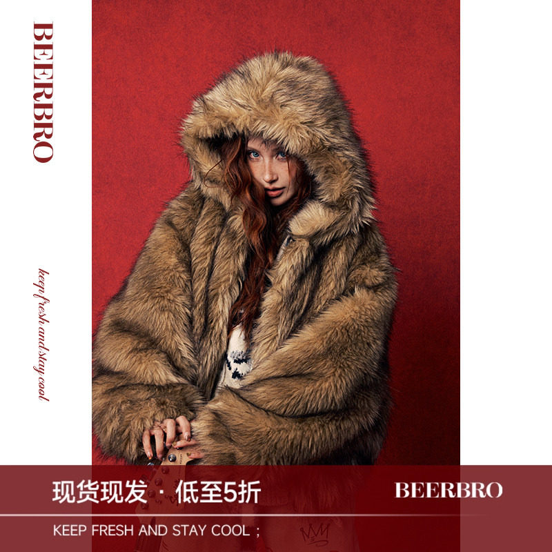 BeerBro 美式辣妹宽松保暖加厚皮草外套耳朵帽子腿套三件套套装图片