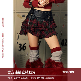 辣妹红格纹不规则荷叶边pu拼接短裙半身裙 MOTO BeerBro CITY