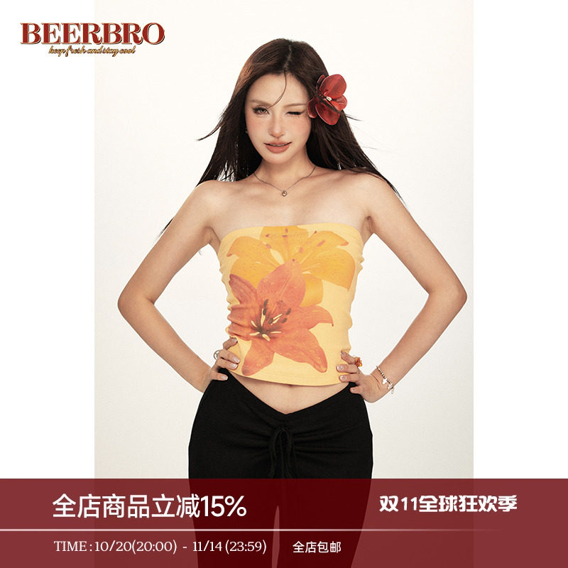 BeerBro 复古美式海岛辣妹aloha热带花朵印花紧身抹胸吊带背心女