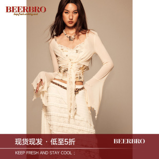 BeerBro 复古美式辣妹透视网纱弹力露脐显瘦短款罩衫女短袖T恤