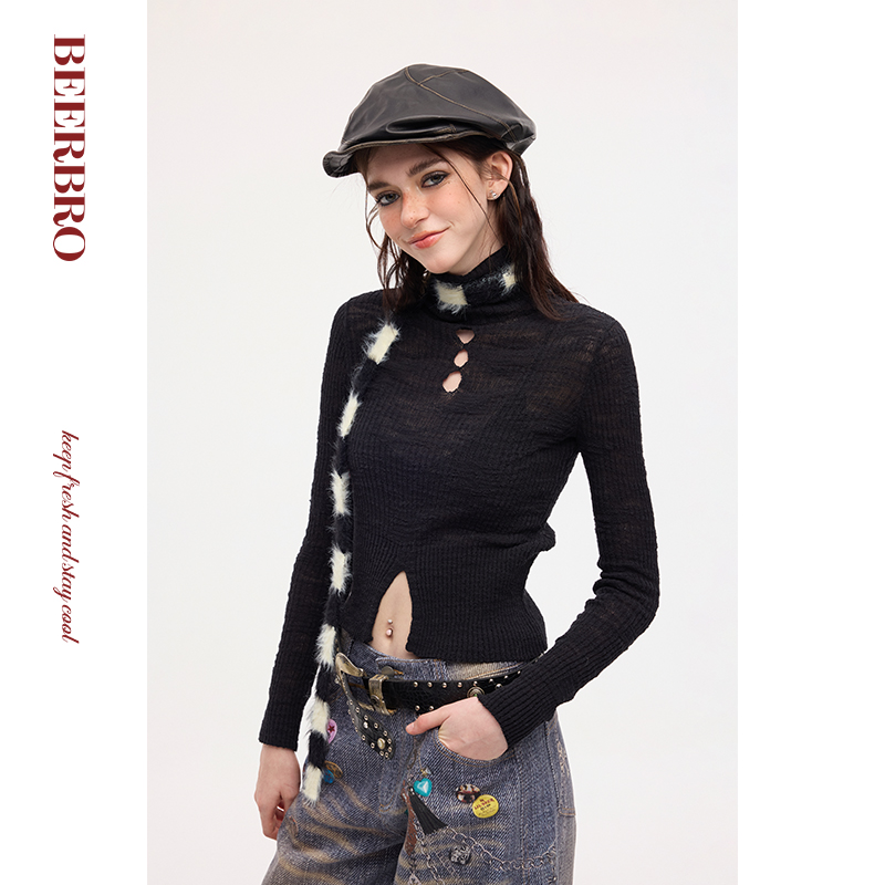 BeerBro 美式辣妹高领修身纯色毛衣针织打底衫女秋冬显瘦内搭上衣