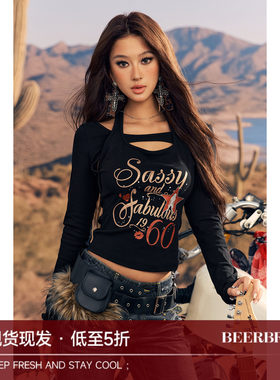BeerBro『公路音速 』闪粉slogan印花图案解构假两件长袖T恤女