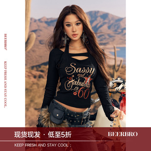 BeerBro『公路音速 』闪粉slogan印花图案解构假两件长袖T恤女