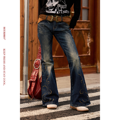 BeerBro『明星同款』重工水洗麂皮腰带铆钉烫钻修身微喇牛仔裤