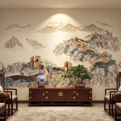 【工厂现货】新中式刺绣山水国风无缝墙布客厅电视背景墙唯我中华