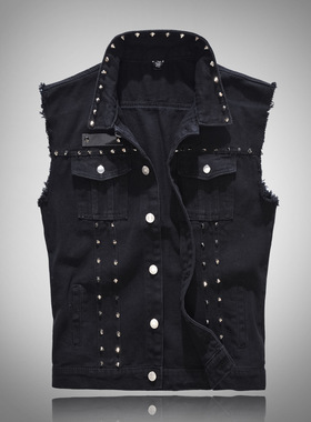 Denim Vest Men Punk Rock Rivet Cowboy Black Jeans Jacket马甲