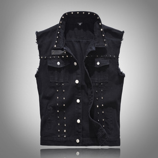 Punk Rock Jeans Vest Jacket马甲 Black Men Cowboy Denim Rivet