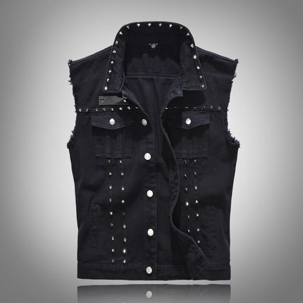 Denim Vest Men Punk Rock Rivet Cowboy Black Jeans Jacket马甲