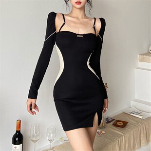 性感撞色收腰显瘦长袖修容连衣裙女2023新款修身显身材辣妹包臀裙