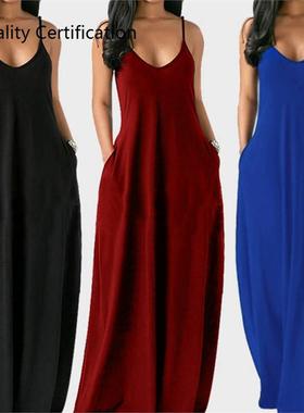 ockets Solid Color Maxi Dress Casual Plus Size Beach Dresses