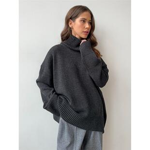 Knitted sweater 欧美新款时尚高领长袖宽松慵懒风套头针织毛衣女