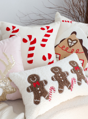 卡通圣诞元素抱枕套不含芯方枕节日装饰红色靠枕沙发抱枕靠垫