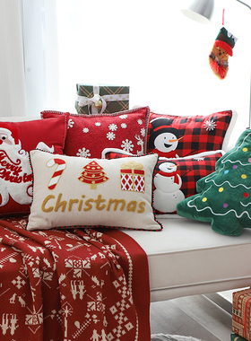 INS新年节日装饰抱枕圣诞树玩偶客厅沙发靠垫床上靠枕红色抱枕套