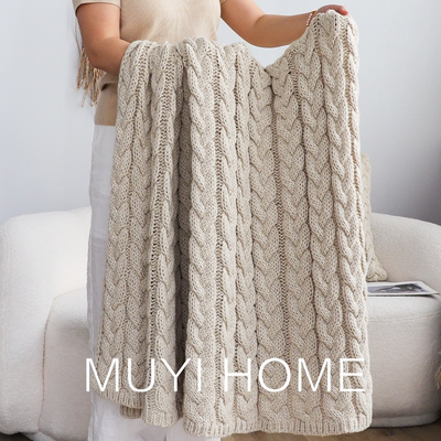 出口欧美奶油色粗针立体绞花编织毯棒针休闲盖毯沙发毯床尾毯搭毯
