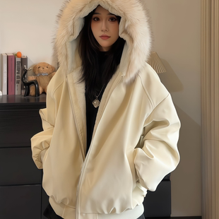 加厚棉服 情侣荔枝纹pu皮大毛领加绒羽绒服座山雕男女同款 冬季 韩式