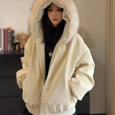 冬季情侣荔枝纹pu皮大毛领棉服