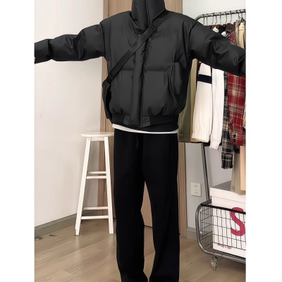 拉德廓形PU皮纯色羽绒棉服男