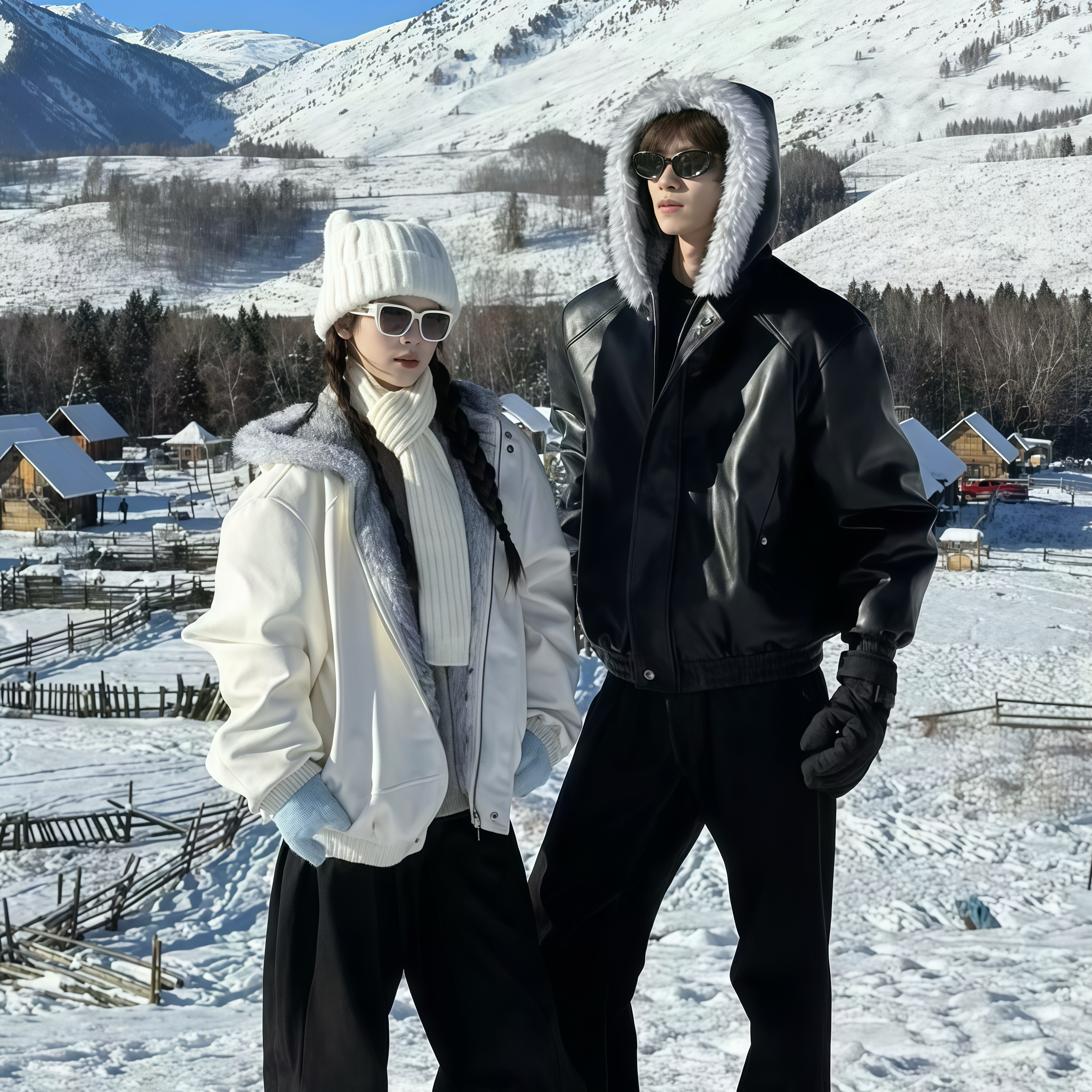 美式连帽pu皮座山雕外套羽绒服男