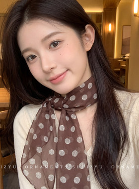 棕色波点丝巾印花高级百搭配饰系脖女2026年新款发带绑发长条围巾