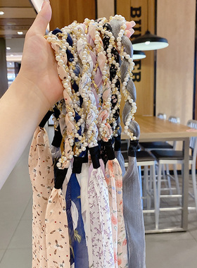 碎花发箍飘带夏季式法式珍珠头箍丝巾发带女绑发丝带发饰头花饰品