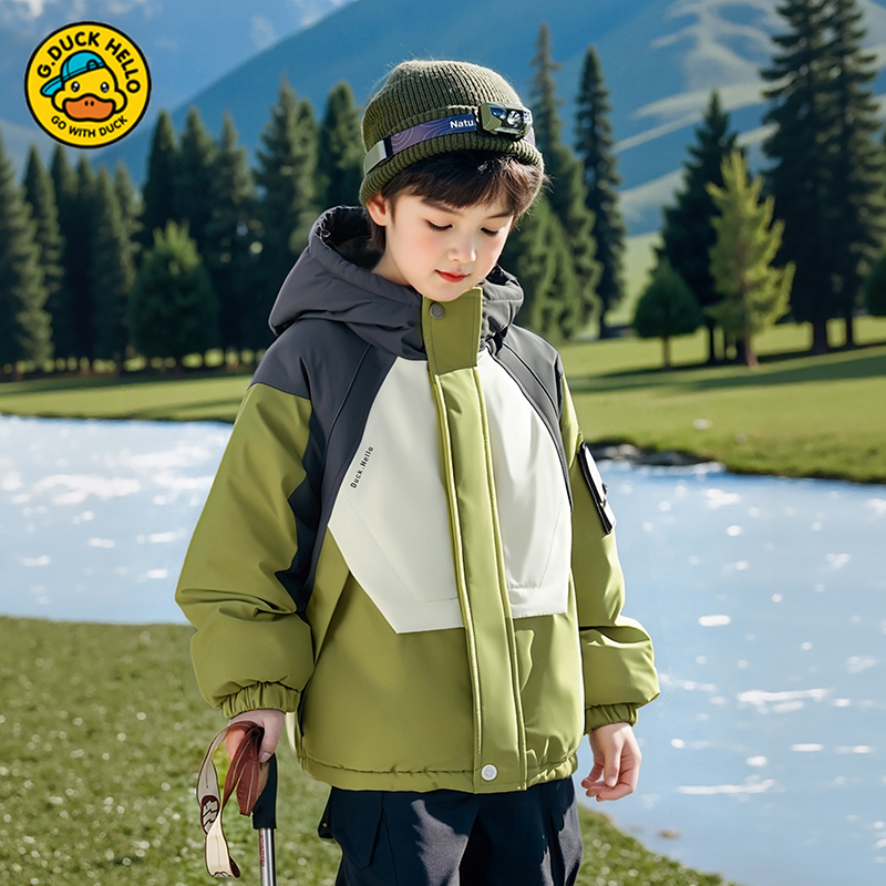 小黄鸭加厚工装外套2025冬季新款童装男童日系帅气拼接棉服冲锋衣