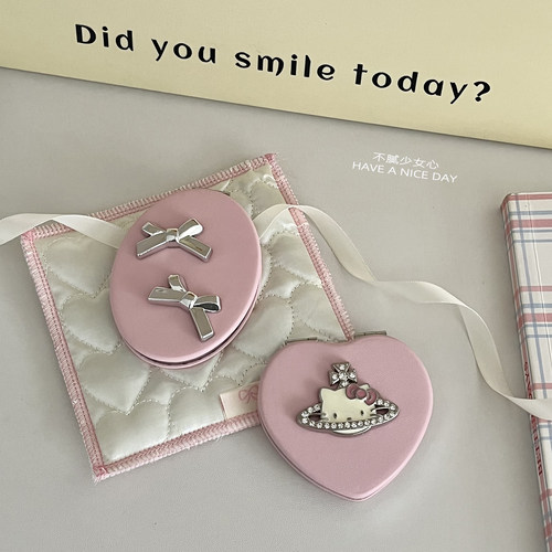 粉色蝴蝶结猫咪折叠镜可爱KT补妆镜便携小号镜随身化妆镜小圆镜女