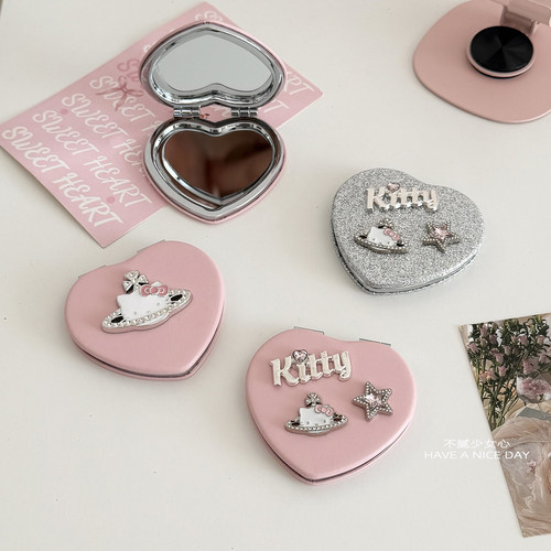 韩系可爱kt便携折叠爱心小镜子可爱双面随身镜翻盖补妆化妆镜