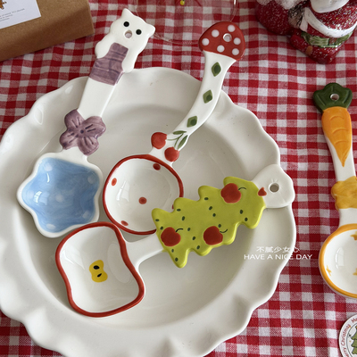 高颜值调羹长柄可爱陶瓷勺子家用高档精致釉下彩汤勺个人专用汤匙