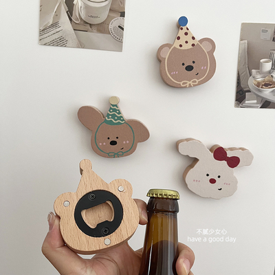 可爱小动物木质开瓶器ins奶油风冰箱贴家用启瓶器磁吸摆件开瓶盖