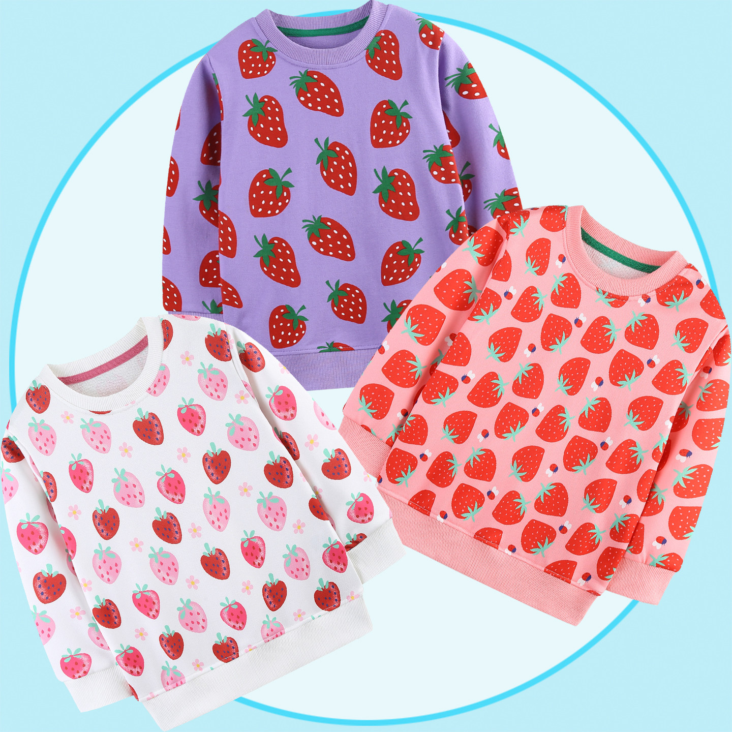 草莓女童不加绒卫衣卡通满印贴身内搭打底衫纯棉薄款毛圈中童上衣