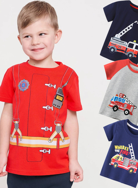 消防员衣服儿童纯棉短袖T恤消防车角色扮演红色美式风男童上衣夏