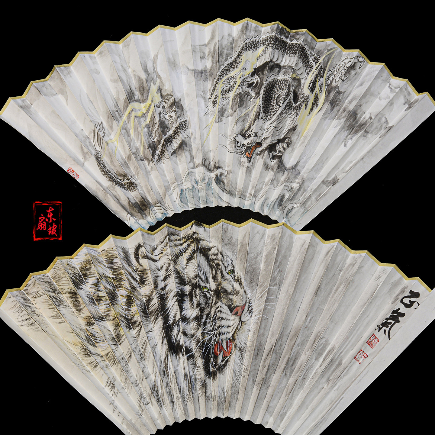9.5寸16/18方纯手绘龙虎工笔画苏工皮纸扇面老虎扇子替换面手画