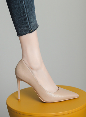 10公分黑色走秀高跟鞋女2025年新款播音主持艺考气质真皮单鞋8cm