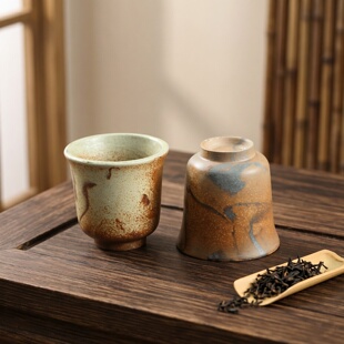 淄博搅胎手工陶瓷茶杯 柴烧茶杯茶具茶碗 手工搅胎粗陶茶杯茶器