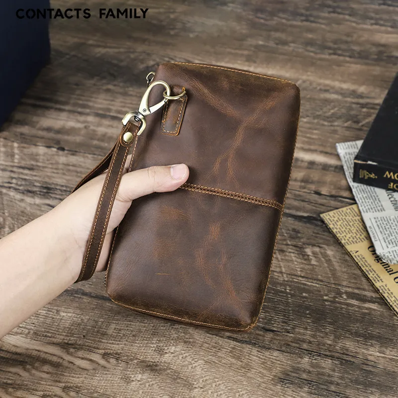 复古咖啡色疯马皮大屏手机包便携式拉链大容量手机配件手提收纳包