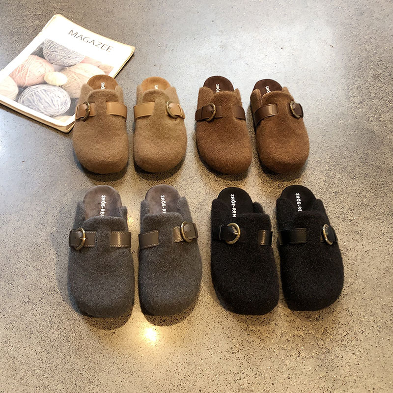 皮带扣包头勃肯毛毛鞋女厚底拖鞋