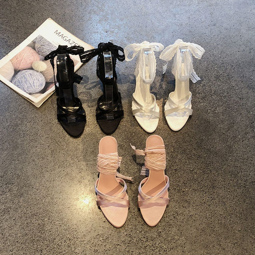 脚腕绑带露趾高跟鞋女交叉带凉鞋