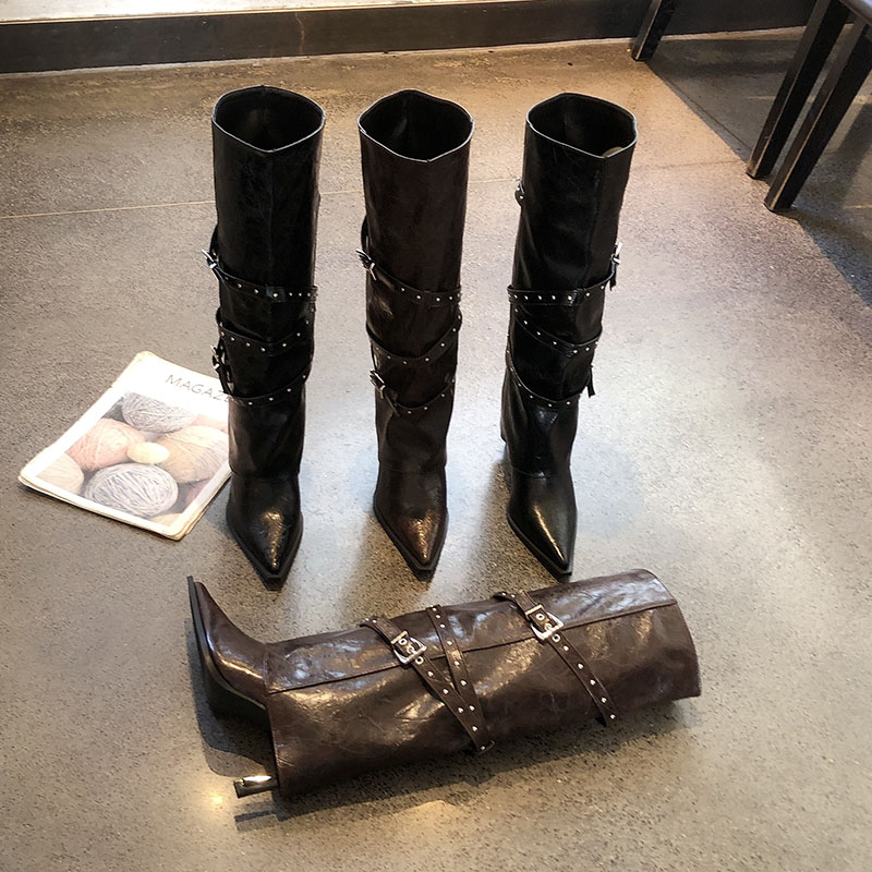 皮带扣尖头高跟长筒靴铆钉裤管靴