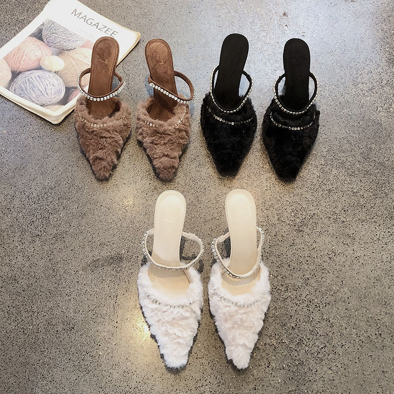 名媛风水钻高跟包头半拖鞋毛毛鞋