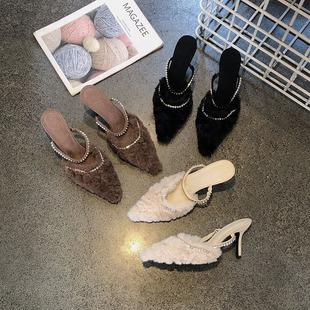 仙女风水钻一字带细跟毛毛鞋女2025年秋冬尖头高跟气质包头半拖鞋
