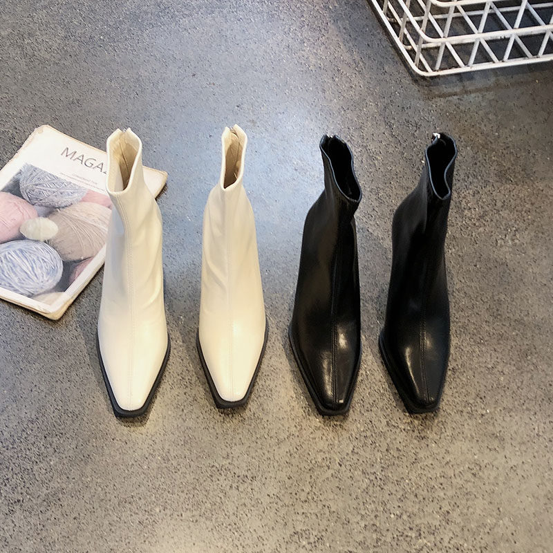 韩版小方头气质名媛高跟短靴女2025年新款加绒细跟后拉链时装靴子,女鞋,时装靴,淘宝优惠券,粉丝福利购,淘宝优惠卷